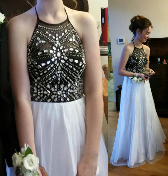Beaded Black Top White Bottom Long Prom Dress,halter Formal Dress,shinny Pageant Prom Gown,2208