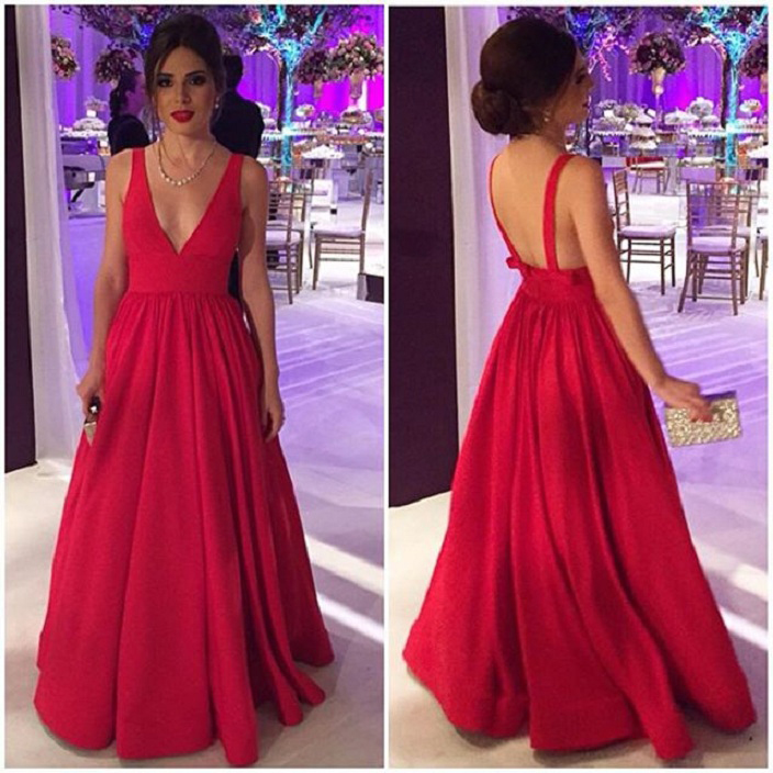 V-neck Red Simple Prom Dress, Formal Dress,long Prom Dress,2215