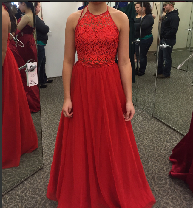 Red Lace Top Prom Dress,Halter Prom 