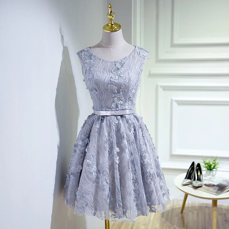 Vintage Lace Homecoming Dress,silver Short Prom Dress,2234