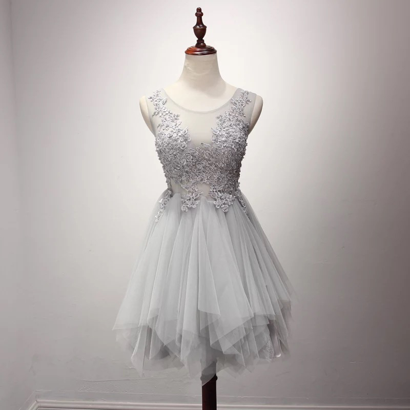 Princess Lace Appliqued Sexy Homecoming Dress,silver Short Prom Dress,2236