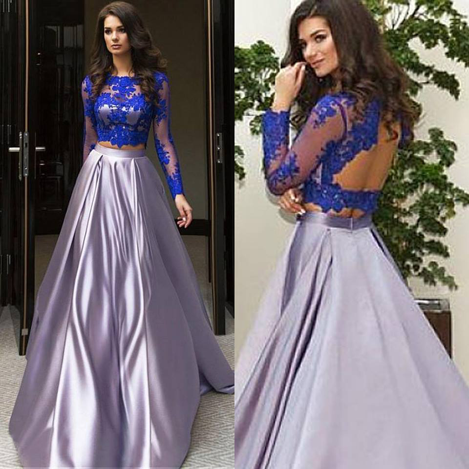 Royal Blue Top Grey Satin Skirt Prom Dresses,long Sleeves 2 Pieces Prom Dress,two Pieces Formal Dress With Backless,2242