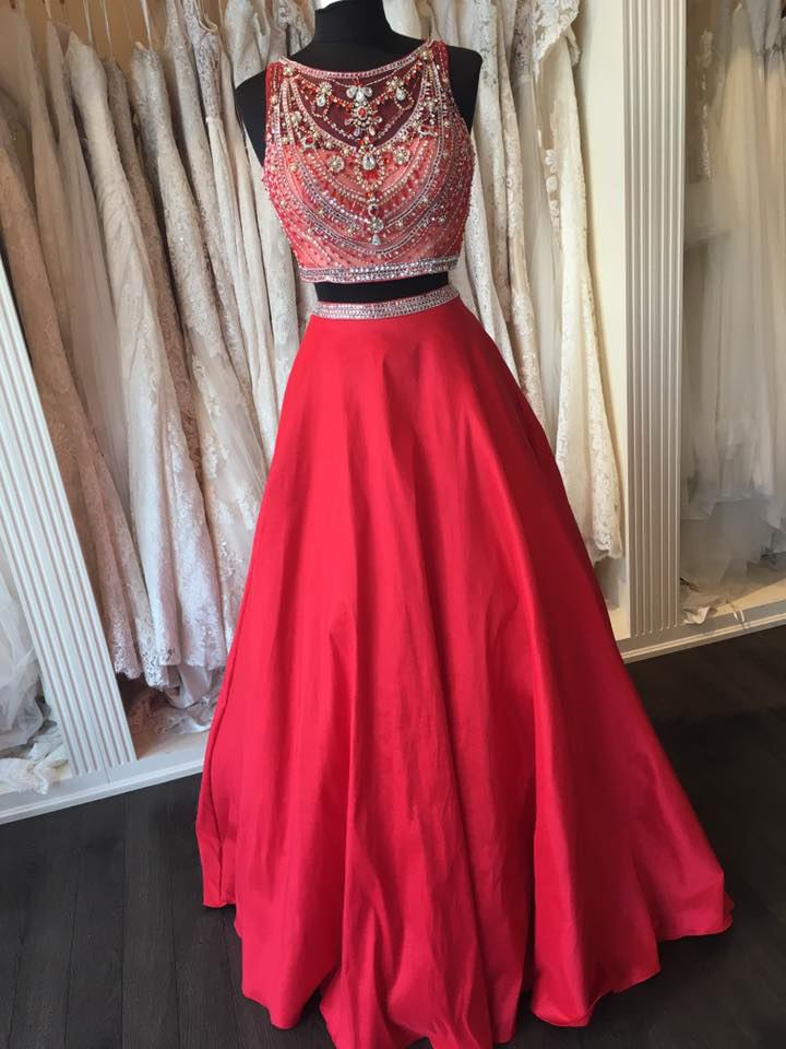 Red Taffeta Beaded Top 2 Pieces Prom Dress,shinny Two Pieces Formal Dress,2017 Prom Dress,2245