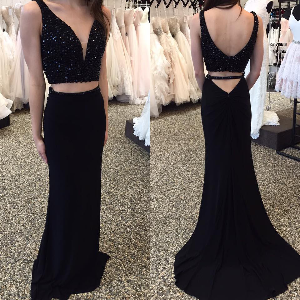 Black Jersey Beaded Bodice 2 Pieces Prom Dresses,mermaid Evening Dresses,two Pieces Formal Dresses,2293
