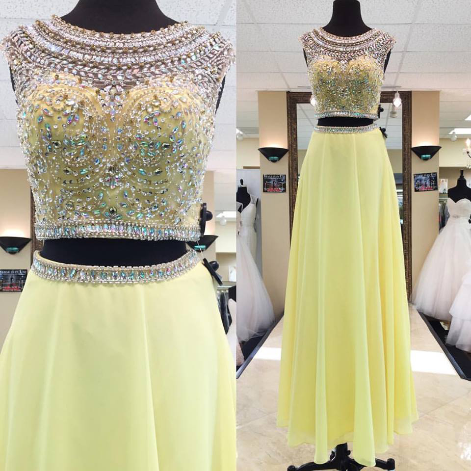 Sparkly Beaded 2017 Prom Dresses,yellow Chiffon 2 Pieces Dresses For Prom,long Formal Dresses,shinny Pageant Dresses,2298