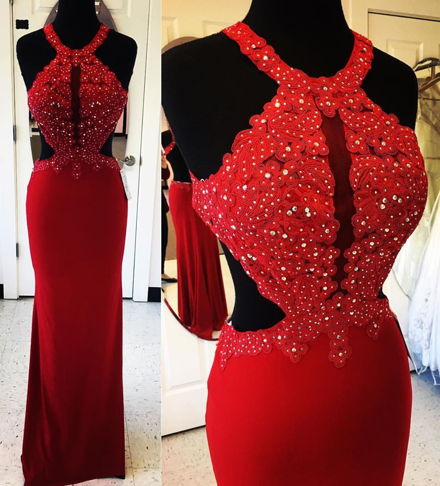 Sexy Red Prom Dresses,backless Prom Dresses,lace Appliqued Halter Mermaid Formal Dresses,2302