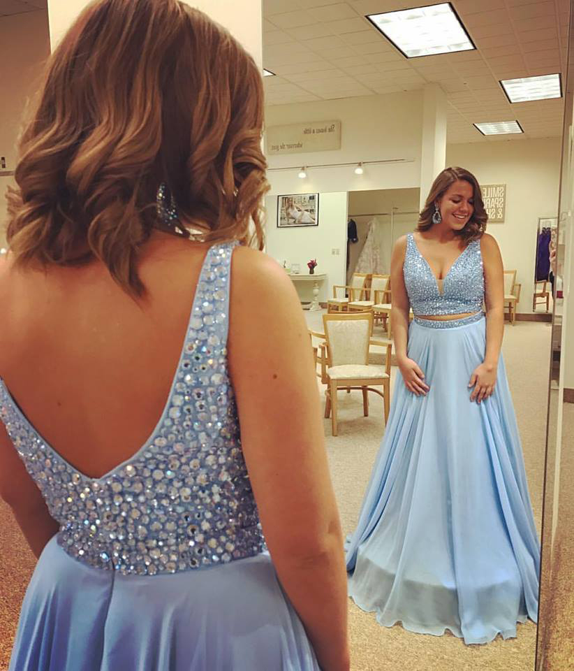 Sky Blue Chiffon With Beaded Top 2 Pieces Prom Dresses,long Cute Prom Gowns,two Pieces Formal Dresses,2306