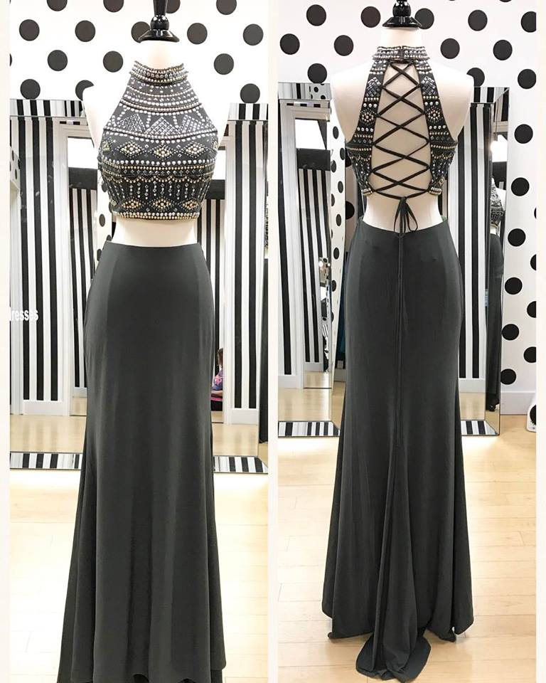 Dark Grey Jersey Boho Prom Dresses,two Pieces Prom Dresses,sparkly Prom Gowns,2312