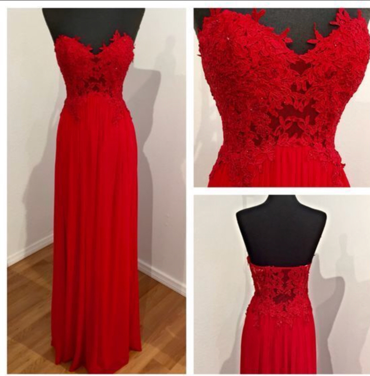 Lace Appliqued Sweetheart Neck Red Prom Dresses,long Chiffon Party Dresses,strapless Party Dresses,2318