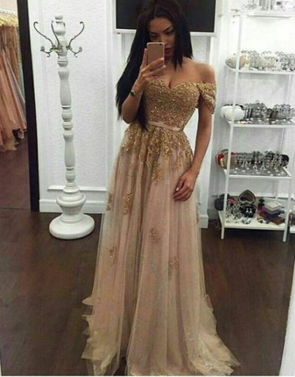 Nude Tulle Gold Lace Appliqued Off Shoulder Prom Dresses,long Prom Dresses,pageant Dresses,2321