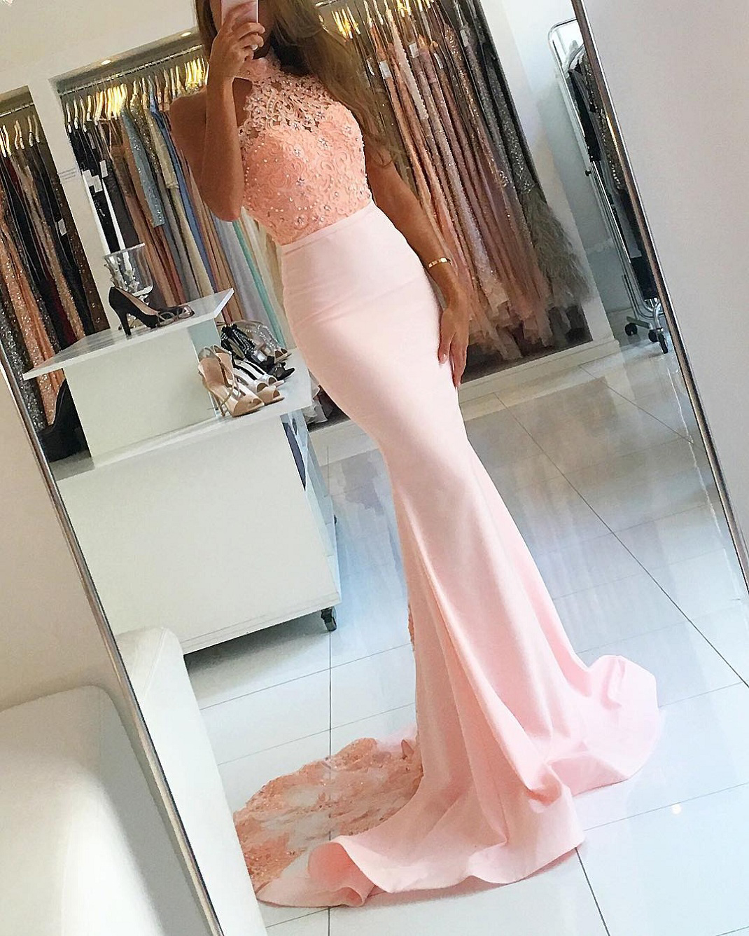 Halter High Neck Mermaid Prom Dresses With Sweep Train,blush Pink Lace Prom Dresses,formal Dresses,2341