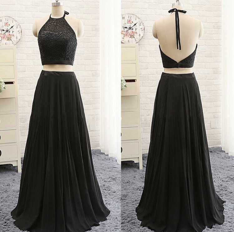 Black Two Pieces Prom Dresses,lace Bodice Chiffon Skirt Halter Prom Gowns,2 Pieces Formal Dresses,2347