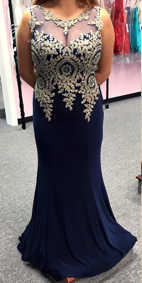Gold Lace Appliqued Plus Size Prom Dresses,navy Blue Mermaid Formal Dresses,large Size Girl Prom Dresses,2353