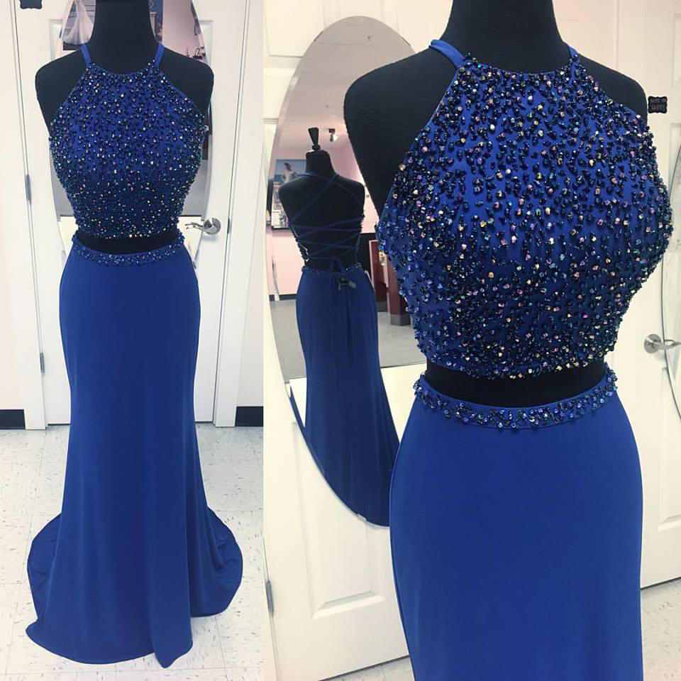 Royal Blue Jersey With Rhinestone Beaded 2 Pieces Prom Dresses,backless Formal Dresses With Sweep Train,mermaid Prom Gowns,2357