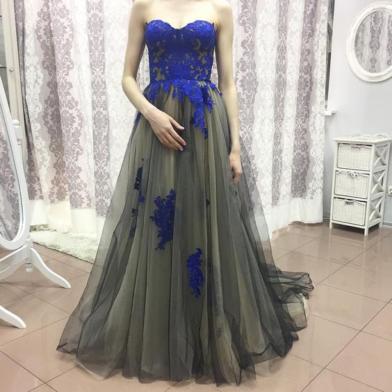 Dark Grey Tulle With Royal Blue Lace Appliqued Strapless Prom Dresses,long Formal Dresses,prom 2017 Dresses,2361