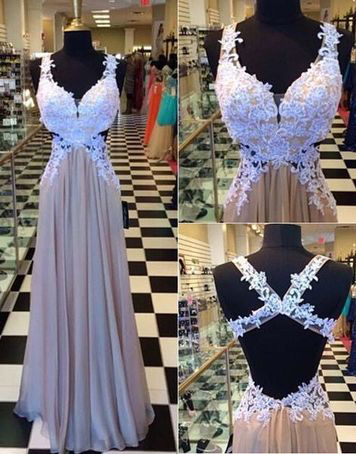 White Lace Appliqued Long Chiffon Prom Dresses,backless Prom Gowns,deep V-neck Formal Dresses,2363