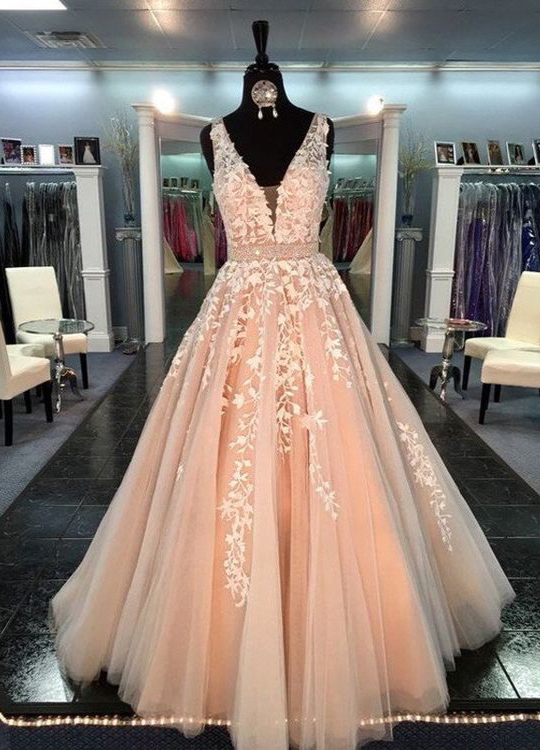 A-line V-neck Champagne Tulle With Lace Appliqued Prom Dresses,long Prom Gowns,formal Dresses,2370