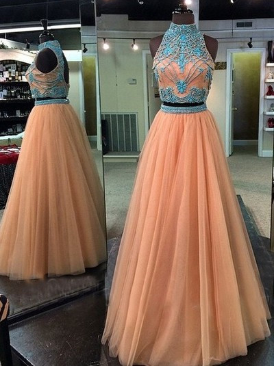A-line Champagne Tulle With Turquoise Rhinestone Beaded 2 Pieces Prom Dresses,halter High Neck Fancy Dresses,2386