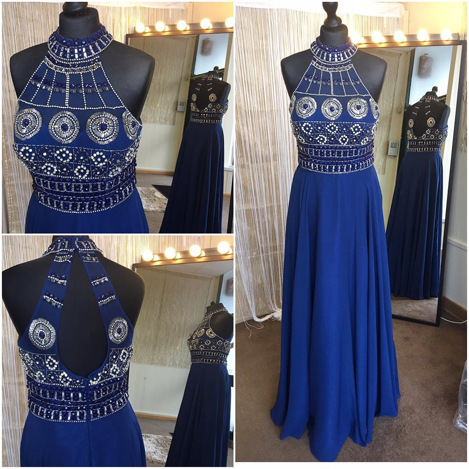 Halter High Neck Royal Blue Boho Prom Dresses,sparkly Beaded Long Fancy Dresses,2388