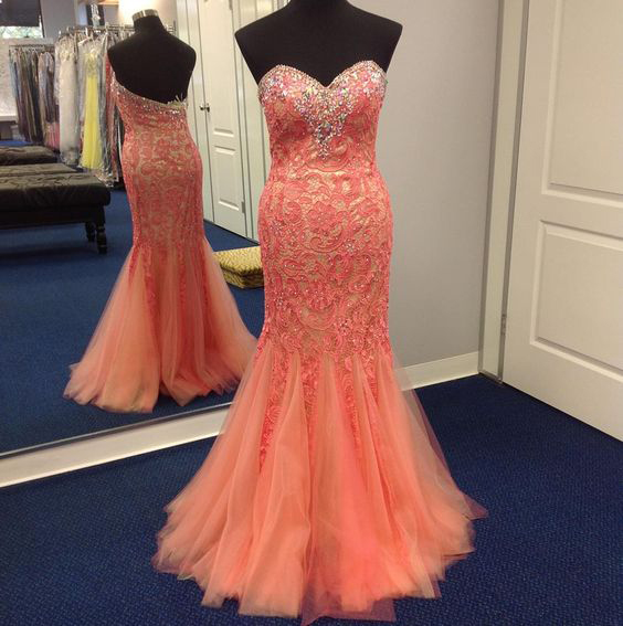 Sweetheart Neck Coral Lace Prom Dresses ...
