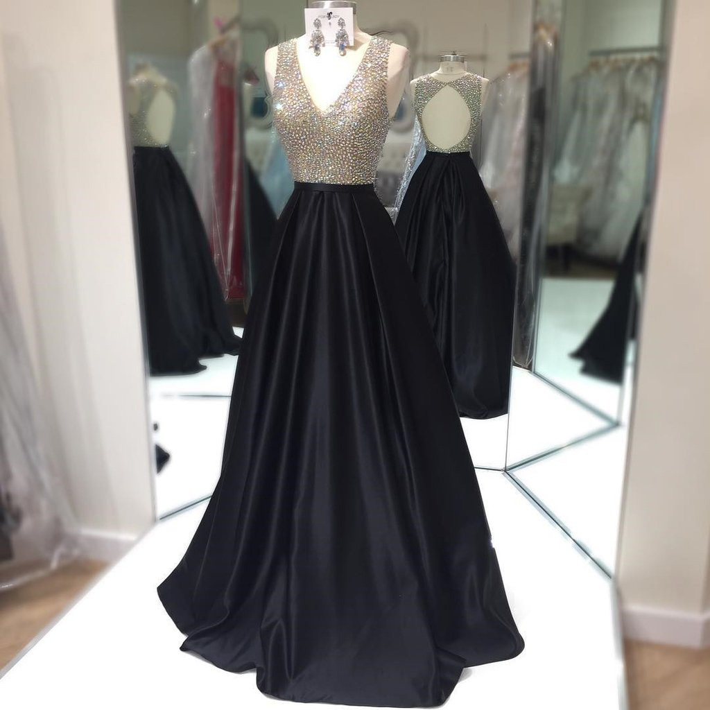 A-line V-neck Rhinestone Beaded Bodice Black Prom Dresses,open Back Formal Dresses,2433