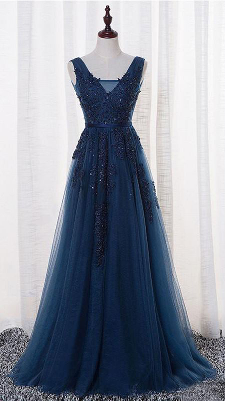 A-line Navy Blue Tulle With Lace Appliqued Prom Dresses, Long Fancy Dresses,2436