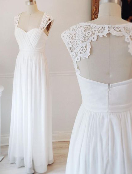 Cap Sleeves White Chiffon Prom Dresses,long Bridesmaid Dresses, Beach Wedding Dresses,2456