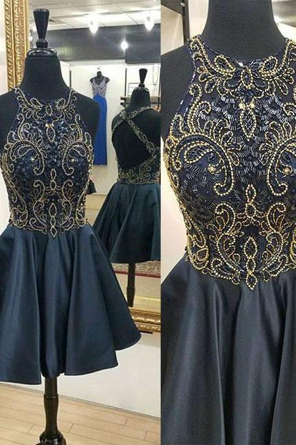 2017 A-line Rhinestone Appliqued Jewel Sleeveless Homecoming Dresses Ahc00068