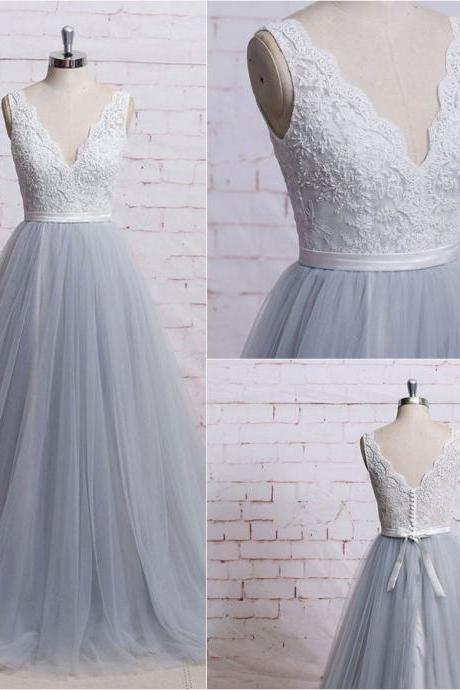 A-line Deep V-neck Appliqued Lace Up Tulle Prom Dresses Abc00034