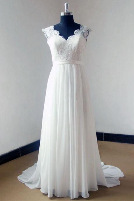 2017 A-line V-neck Sleeveless Appliqued Sweep Train Wedding Dresses Beach Wedding Dress Abc00014