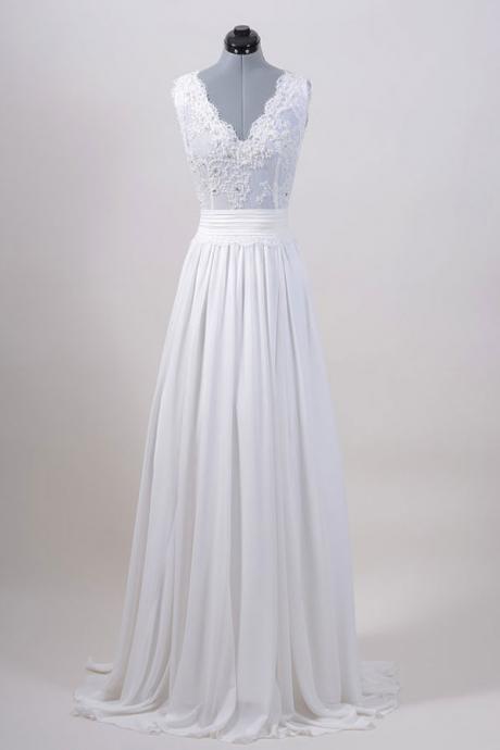 2017 Princess V-neck Sleeveless Appliqued Beaded Sweep Train Wedding Dresses Abc00012