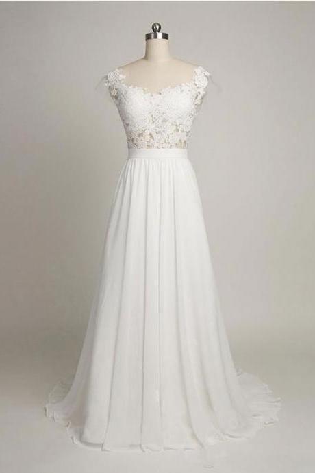2017 A-line Princess Scoop Cap-sleeve Appliqued Sweep-train Wedding Dresses Beach Wedding Dress Abc00011