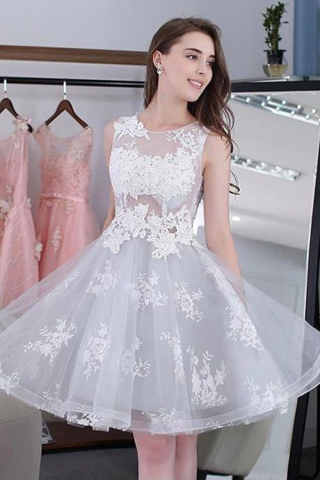 2017 A-line Princess Jewel-neck Appliqued Sleeveless Tulle Homecoming Dresses Apd2638