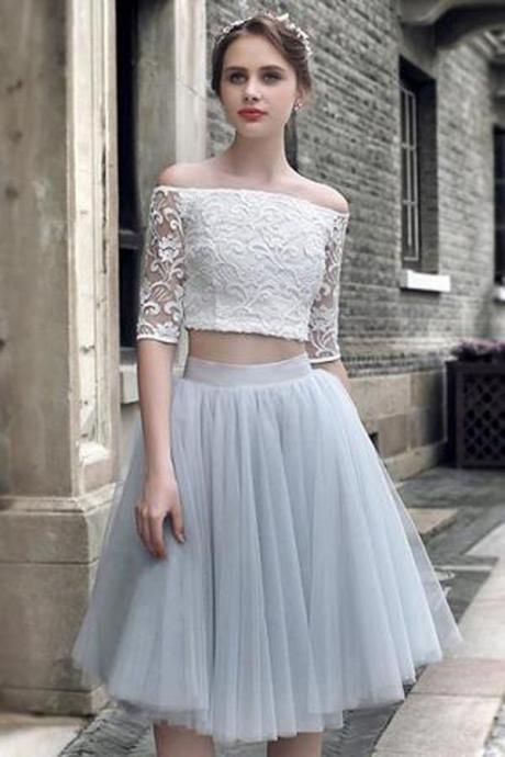 A-line Princess Off-the-shoulder Half-sleeve Lace Homecoming Dresses Formal Dress Asd2477