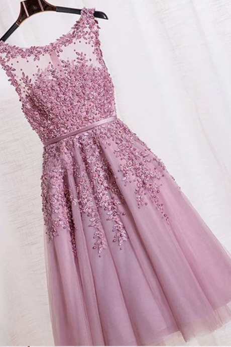 A-line Princess Beading Illusion Neck Appliqued Prom Dress Asd2521