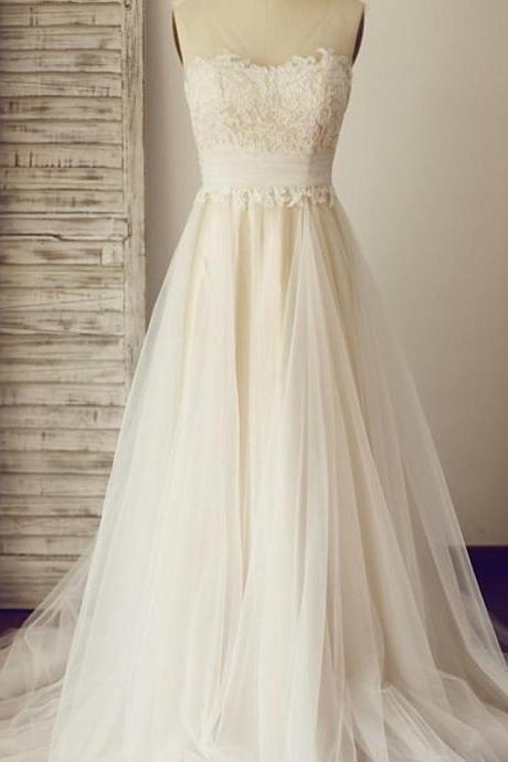 Sheer Sleeveless Lace Appliqués Tulle A-line Wedding Dress With Train