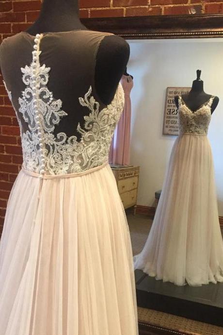 Sleeveless Lace Appliqués A-line Wedding Dres Featuring Sheer Back