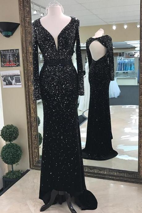 Long Sleeve Open Back Prom Dresses Black Deep V Dresses Apd27009