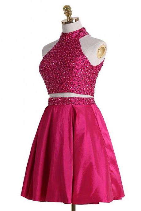 A-line Halter Neck Two Piece Shiny Elegance Homecoming Dresses Apd2727a