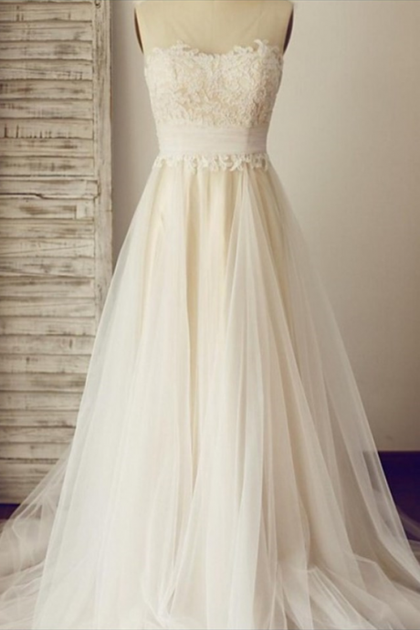 Sleeveless Lace Appliqués A-line Wedding Dress With Sheer Shoulder Straps And Train