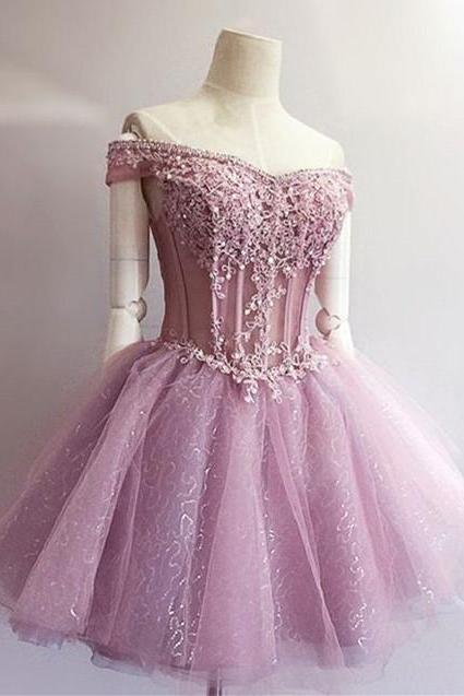 A-line Princess Off-the-shoulder Homecoming Dresses, Lace Appliqued Mini Prom Dresses Asd2589