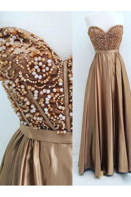 A-line Sweetheart Neck Brown Prom Dresses, Beaded Grace Bridesmaid Dresses Apd2769