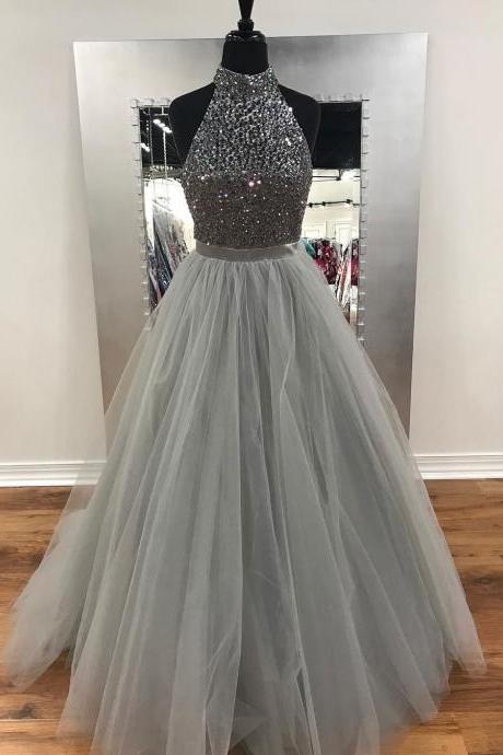 A-line High-neck Shiny Rhinestone Prom Dresses, Princess Sleeveless Prom Gown Apd2783