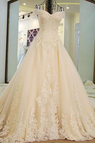 A-line Princess Off-the-Shoulder Wedding Dresses, Gorgeous Appliqued Wedding Dresses. ASD2626