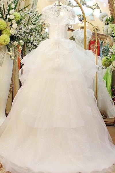 A-line Shiny Scoop Neck Wedding Dresses,Appliqued Dresses For Autumn ASD2627