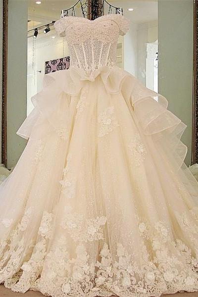 A-line Appliqued Off-the-Shoulder Wedding Dresses, Shiny Sweep Train Dresses ASD2630