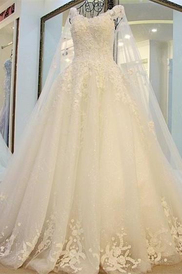 A-line Scoop Neck Appliqued Wedding Dresses, Pure Sweep Train Wedding Dresses ASD2632