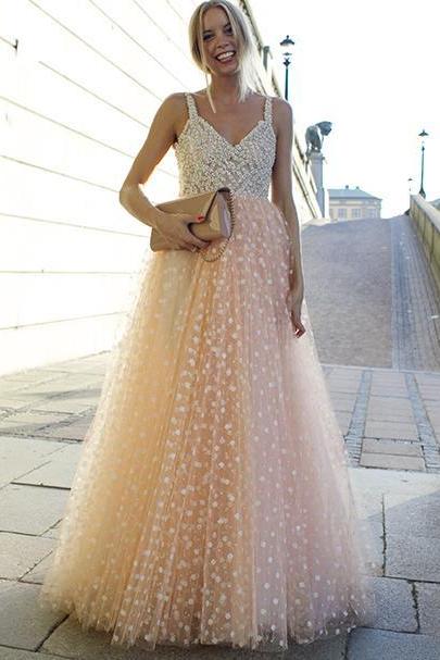 A-line Princess Blush pink Prom Dresses, Spaghetti Strap Dresses ASD2645