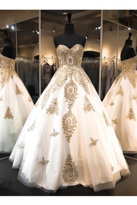A-line Sweetheart Neck Wedding Dresses, Shiny Appliqued Prom Dresses Asd2647