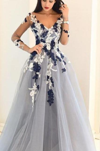A-line Princess V Neck Long Sleeve Prom Dresses, Appliqued Floor Length Dresses Asd2678